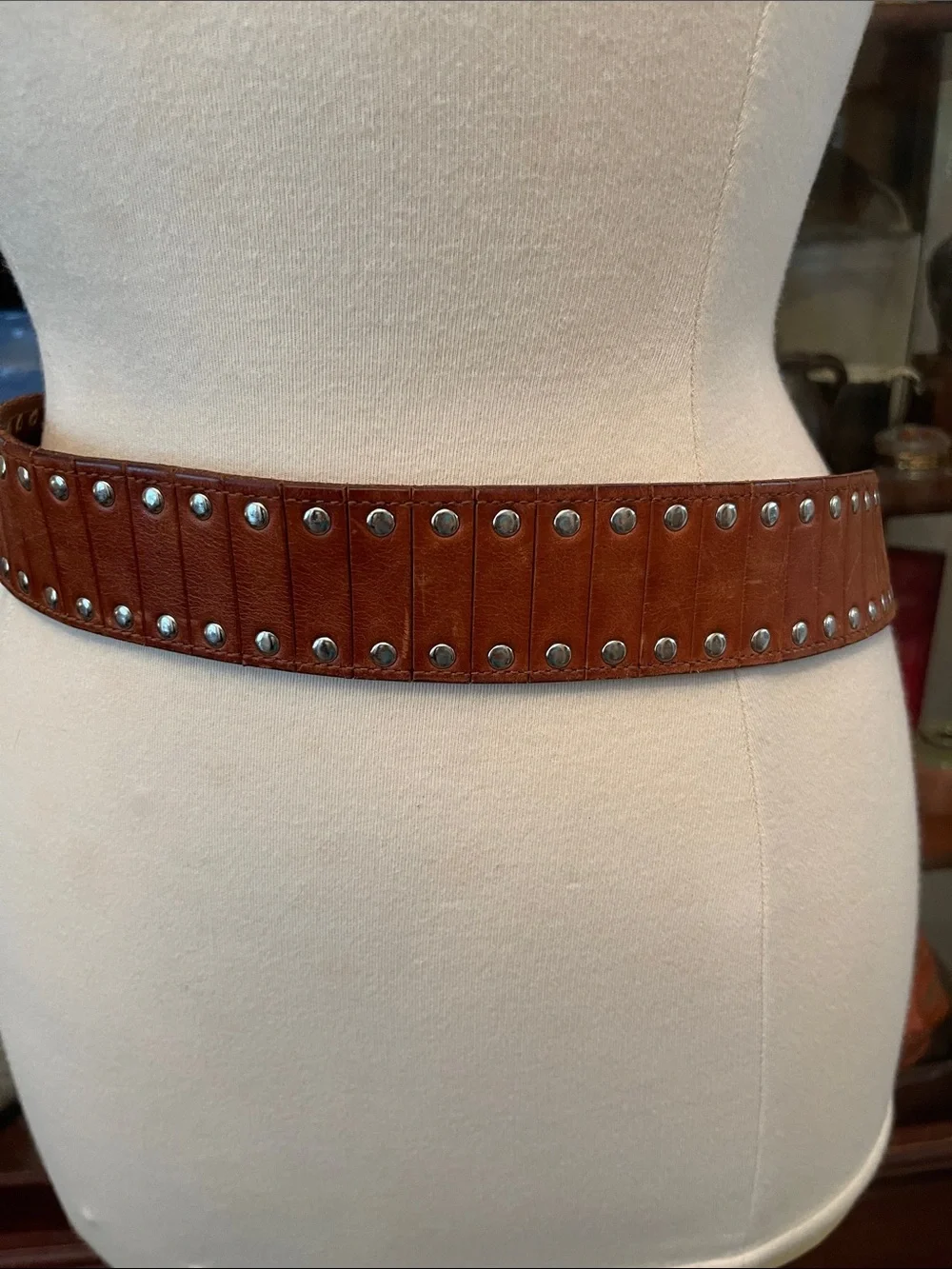 Kenneth Cole Brown Leather Studded Belt with Silver Buckle